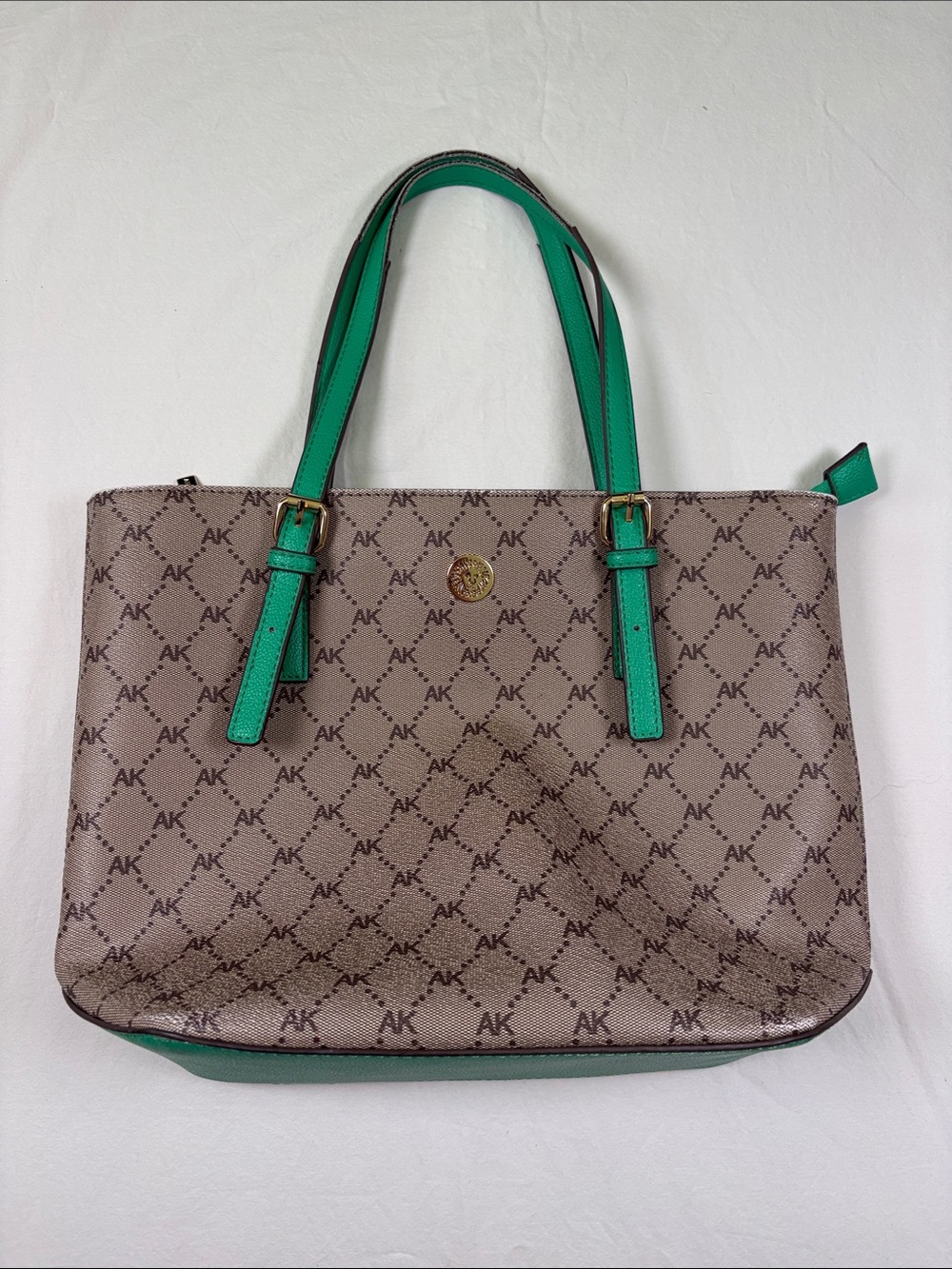 Anne Klein Beige AK Logo Tote with Green Trim